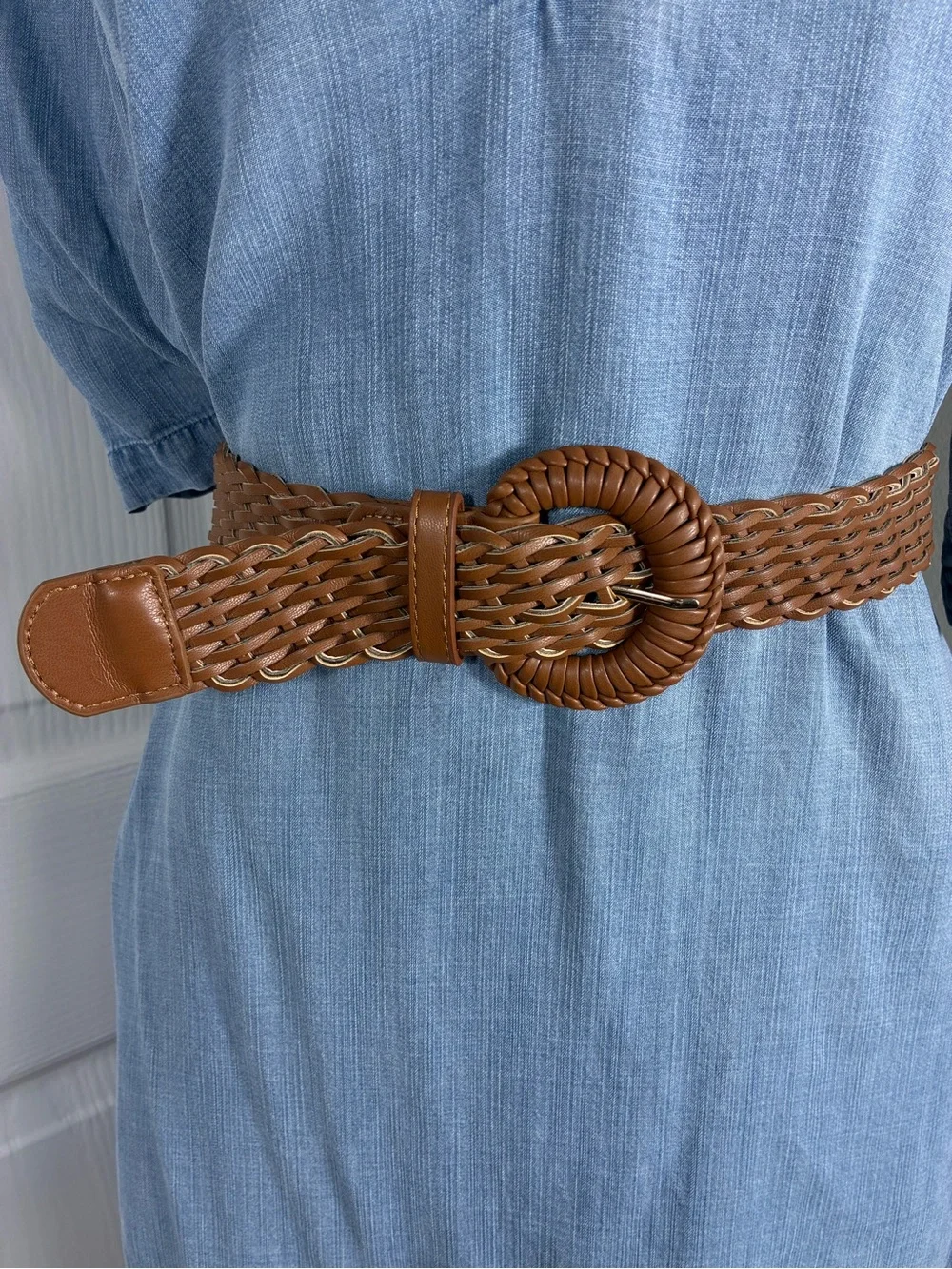 Womens belt 42” long Brown Woven faux Leather with Braided Round Buckle Boho